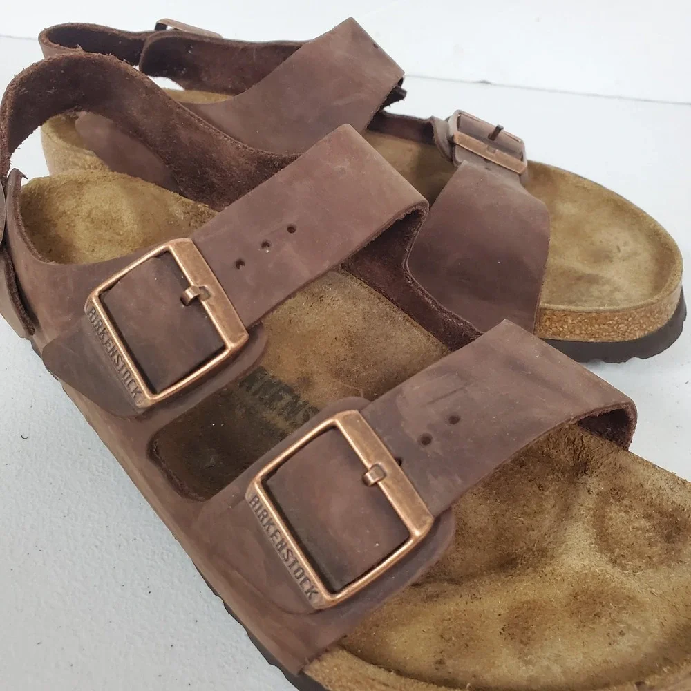 Birkenstock Mens Milano Three Strap Sandal Size 42 EU 9 US Brown Leather Comfort